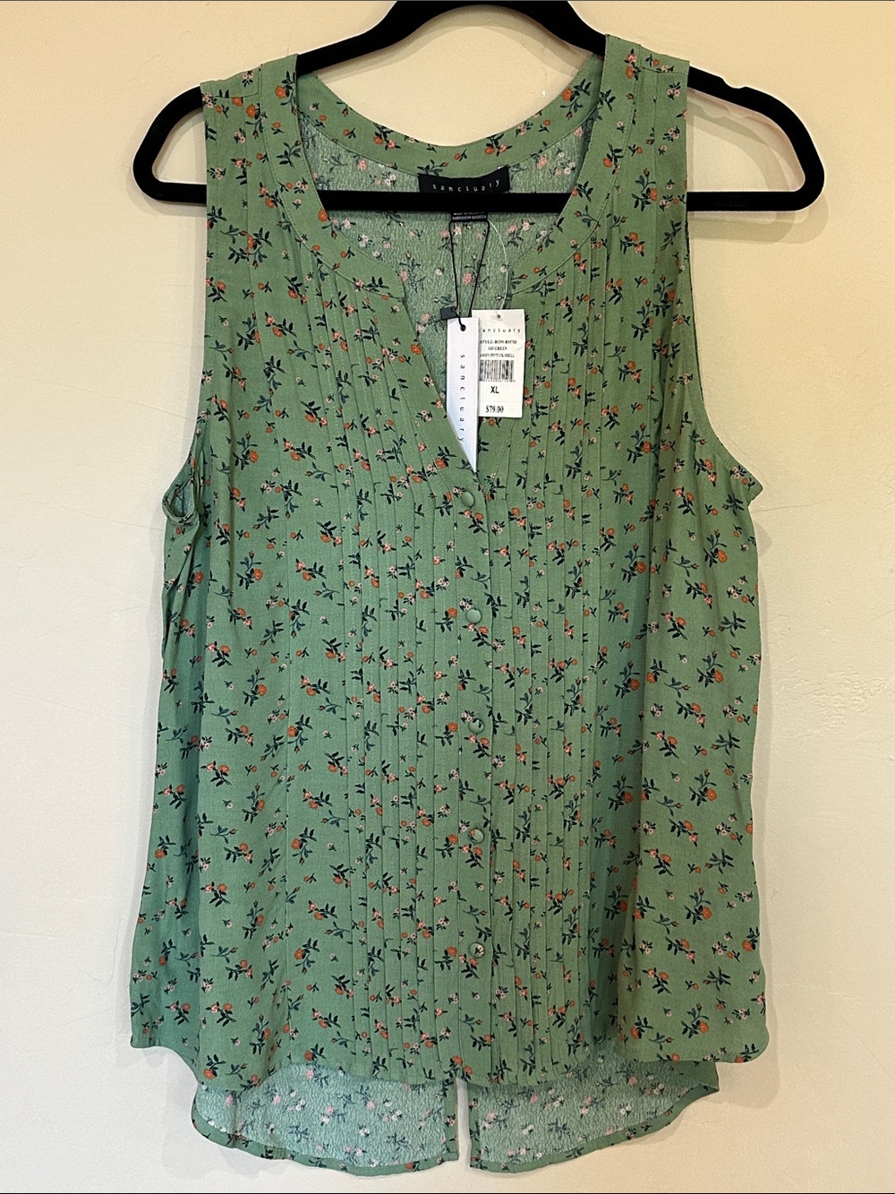 Sanctuary Green Floral Sleeveless Pintuck Blouse Top | NWT $79 — Sz XL